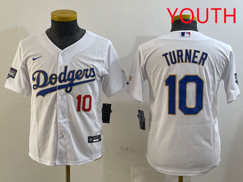 Youth Los Angeles Dodgers #10 Turner White Gold Game 2025 Nike MLB Jersey style 1